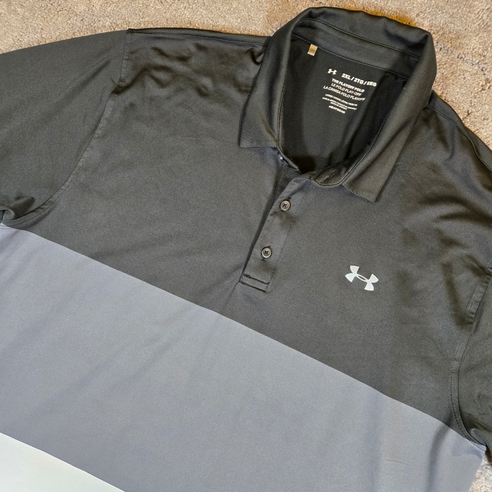Under Armour Polo Mens 2XL Black Gray Striped Playoff Polo Performance Golf